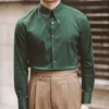 Slim solid green cuba collar shirt